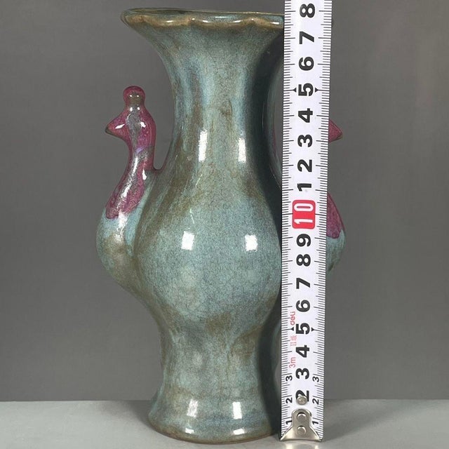 Vintage Flambé Glaze Double-Handled Vase With Bird Motifs - 7" Tall For Sale - Image 9 of 9