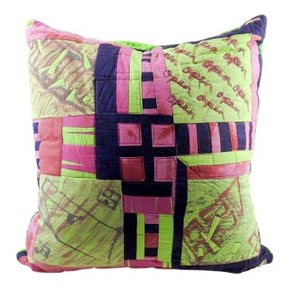 Artist Studio Made Quilted Green Pink Monoprint Pillow For Sale