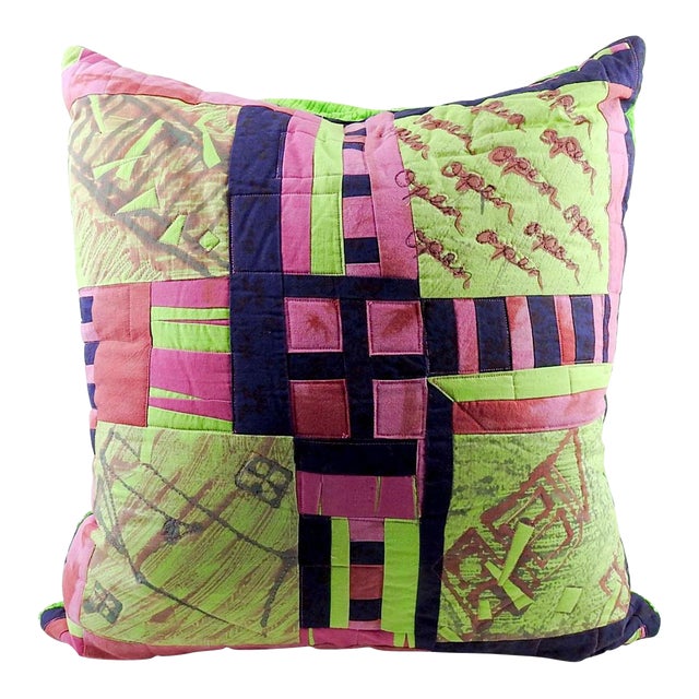 Artist Studio Made Quilted Green Pink Monoprint Pillow For Sale
