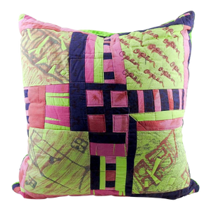 Artist Studio Made Quilted Green Pink Monoprint Pillow