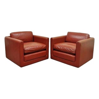 Vintage Mid Century Modern Red Leather Cube Club Lounge Chairs on Casters - Pair For Sale