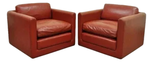 Vintage Mid Century Modern Red Leather Cube Club Lounge Chairs on Casters - Pair