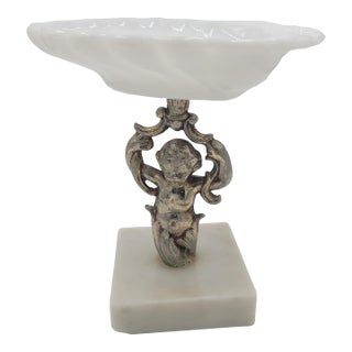 Mid 20th Century Hollywood Regency Cherub & Milk Glass Shell Dish on Marble Base For Sale