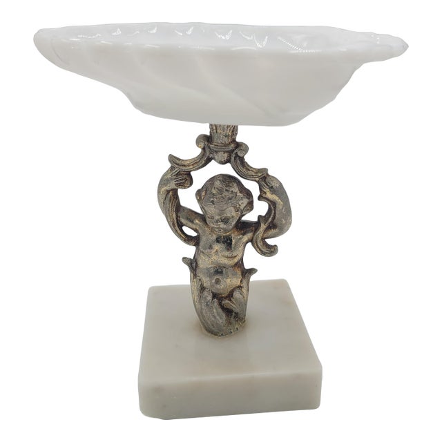 Mid 20th Century Hollywood Regency Cherub & Milk Glass Shell Dish on Marble Base For Sale