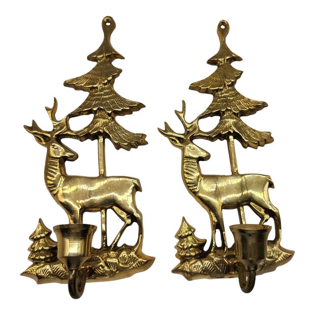 1950s Brass Deer & Pine Tree Candle Sconces- a Pair For Sale