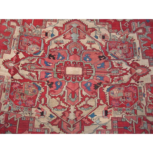 Charming Red Background Color Geometric Design Antique Persian Heriz Serapi Rug For Sale - Image 4 of 6