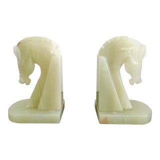 Vintage Green Stone Horse Head Bookends - a Pair For Sale