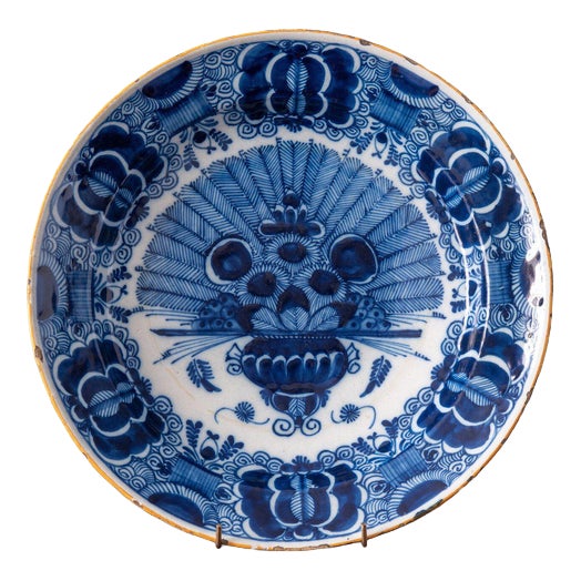 18th Century Dutch Delft Blue and White Peacock Dish For Sale