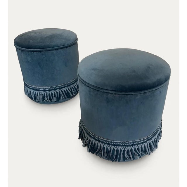 Liberty Ottomans in Turquoise Velvet, 1890s, Set of 4 For Sale - Image 3 of 4