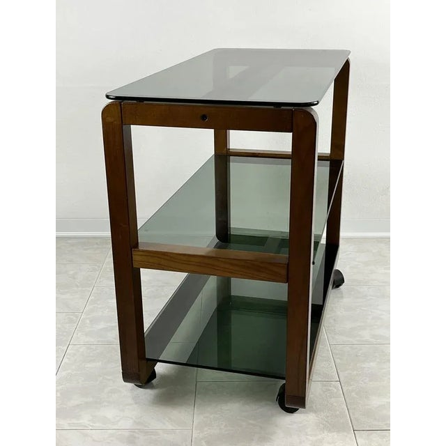 Cart in Wood and Glass Smoke with Wheels, Italy, 1980s For Sale - Image 5 of 10