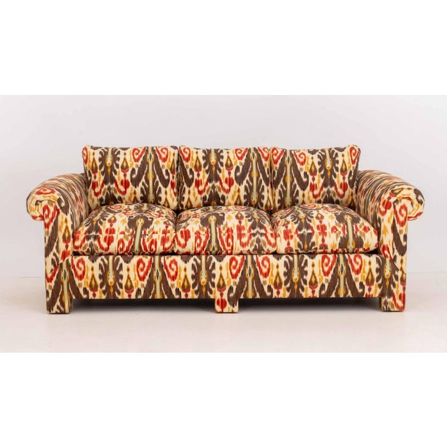 Modern Ikat Fabric Upholstered Three-Seat Sofa. 30" H x 77" W x 39" D; seat: 18" H. Provenance: An Upper East Side Townhouse.