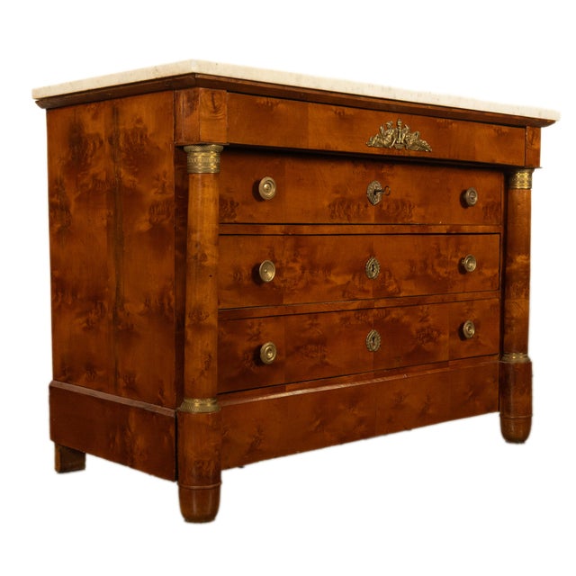 Antique 19th Century French Empire Burl Walnut Marble Ormolu Chest Drawers Commode 1810 For Sale - Image 11 of 14