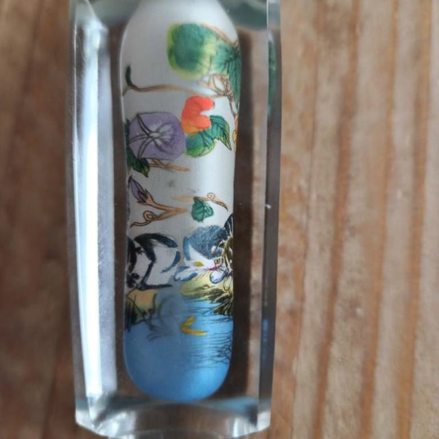 Transparent Vintage Chinese Inside-Painted Glass Snuff Bottle - Playful Cats & Flowers For Sale - Image 8 of 18