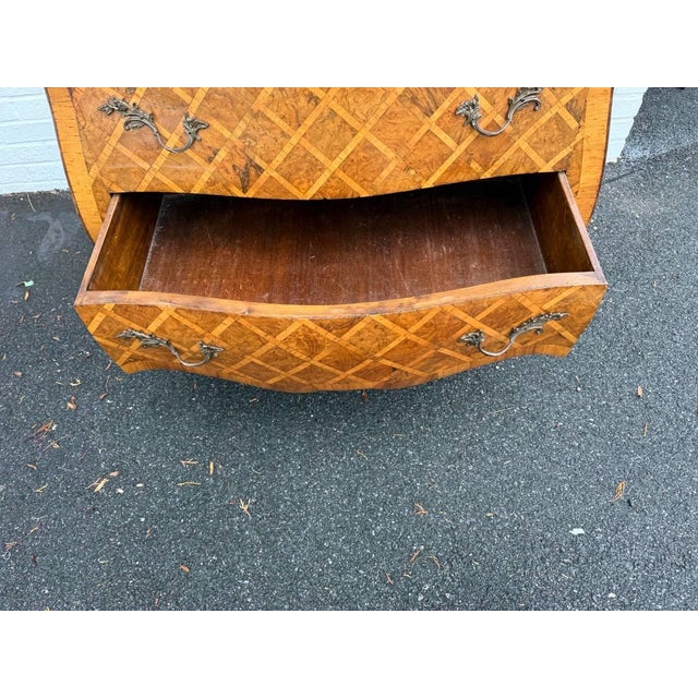 Vintage Italian Rococo Style Burl Wood Marquetry Commode With Cabriole Legs For Sale - Image 12 of 12