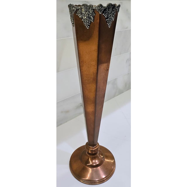 Sheffield Silver Co. Antique Art Deco Sheffield Silver Co Copper Trumpet Bud Vase With Grape Motif Rim For Sale - Image 4 of 8