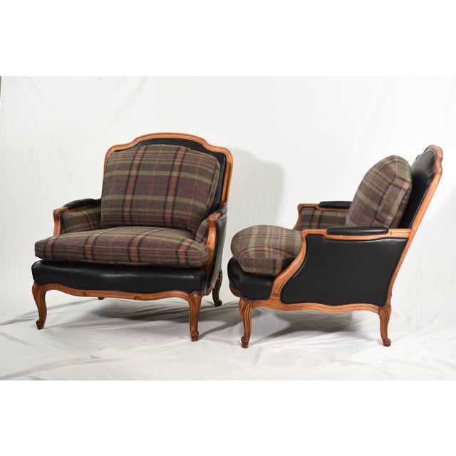 Metal New Ralph Lauren Plaid Tartan Wool and Leather on Vintage Louis XV-Style Versailles Library Chairs - 2 Pieces For Sale - Image 7 of 18