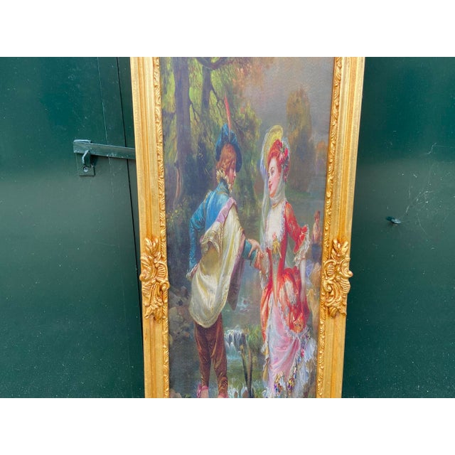 Vintage French Louis XVI Gilded Frame With Romantic Fabric Scenery Artwork For Sale - Image 14 of 16