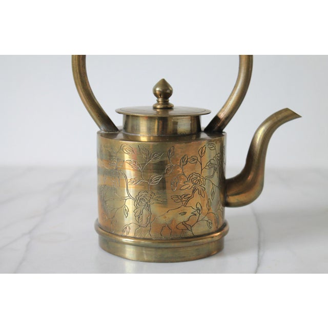 Vintage Chinese Brass Tea Pot W/ Floral Motif For Sale - Image 4 of 10
