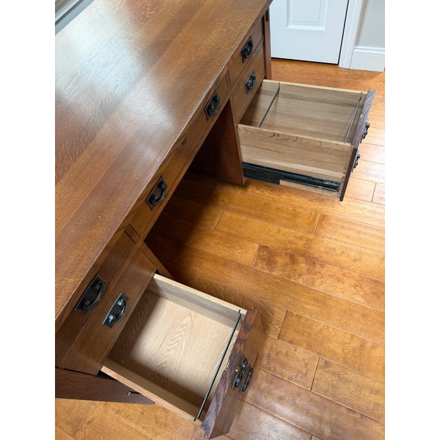 Craftsman Stickley Junior Executive Oak Desk and Cottage Chair With Leather Seat For Sale In Boston - Image 6 of 17
