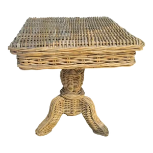 Rare Solid Weaved Wicker Coastal Regency Square Pedestal Side Table