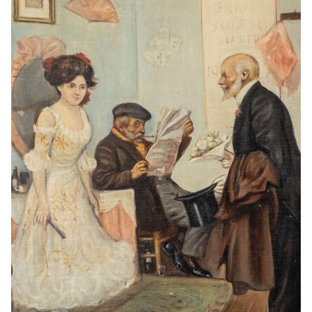 Figurative Illegibly Signed Courting Scene Oil on Canvas For Sale - Image 3 of 6