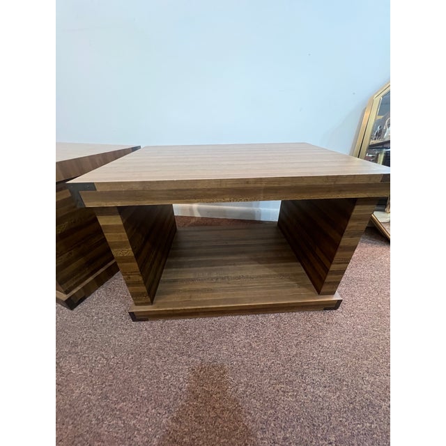 Wood 1970s Set of Two Postmodern Cube Side Tables With Brass Corner Brackets For Sale - Image 7 of 12