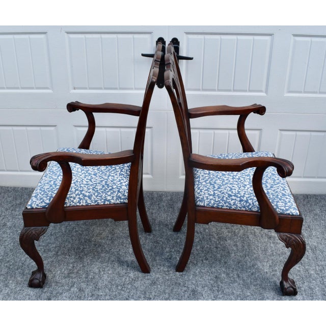 Antique Pair Mahogany Armchairs Chippendale Style Carved Ball Claw Foot Dining For Sale - Image 14 of 18