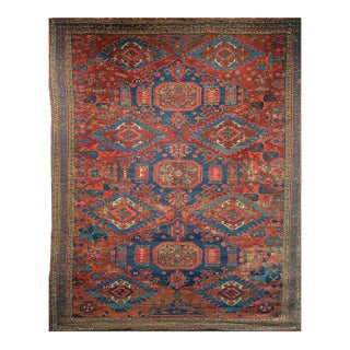 Antique Caucasian Soumak Area Rug, Handwoven Wool, Allover Geometric Pattern, Red & Blue, 5x7 For Sale