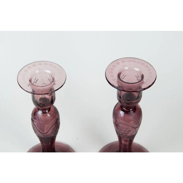 Traditional Mid 20th Century Pairpoint Wheel-Cut Design Candle Holders- a Pair For Sale - Image 3 of 8