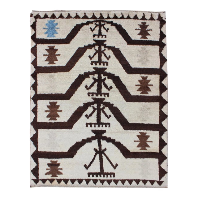 Mid 20th Century Turkish Tulu Rug With Mid-Century Modern Design in Brown, Off-White and Blue For Sale
