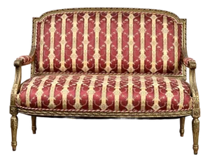 Antique Louis XVI Style Giltwood Settee in Silk Damask C. Late 19th Century