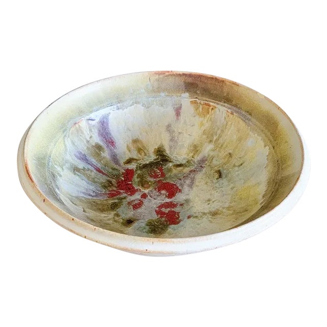 Mid-Century Hand Thrown Ceramic Bowl in Flame Glaze, Signed For Sale