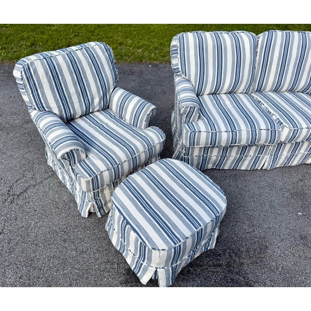 Blue Country Coastal Cottage Style Slipcovered Loveseat, Chair and Ottoman Set by Lillian August Couture / Lee Industries For Sale - Image 8 of 12