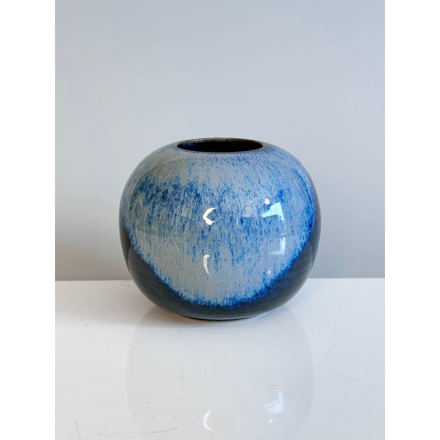 1970s Studio Ceramic Spherical Vase with Blue Flowing Glaze, Germany, 1970s For Sale - Image 5 of 15