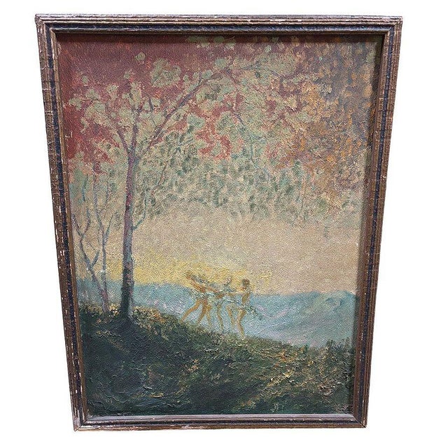 1920s 1920s Original Fall Celebration Impression Painting Oil on Board, Framed For Sale - Image 5 of 6