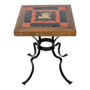 Catalina Style Oak, Ceramic and Wrought Iron "Rooster" Occasional Table, C. 1930