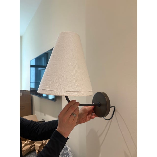 Minimal Rustic, Brass, Hand Stitched Belgian linen Sconce. They were Hand-knotted and Patinated during its creation....