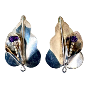 Vintage Sterling Silver Leaf Design With Amethyst Accent Pierced Earrings