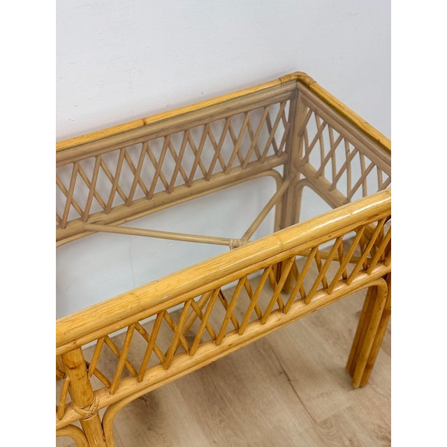 Wood Vintage Coastal Wicker Rattan Console Table Woven Lattice Glass Top Beige Boho For Sale - Image 7 of 14