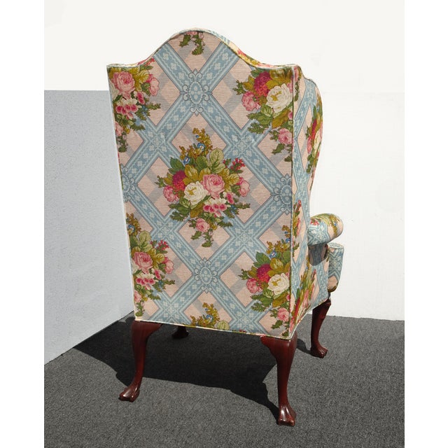 1970s Vintage Hickory French Country Blue Plaid Floral Wingback Chair by Hickory Furn. For Sale - Image 5 of 12