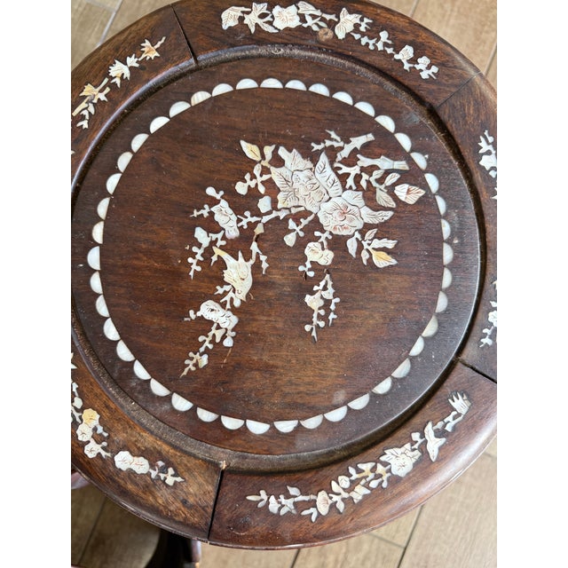Chinoiserie Pair Vintage Hardwood Drum Stools Mother of Pearl Inlay Chinese Chinoiserie For Sale - Image 3 of 8