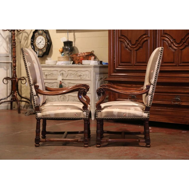 Beige Pair of 19th Century French Louis XIII Walnut Fauteuils With Carved Ram Heads For Sale - Image 8 of 12