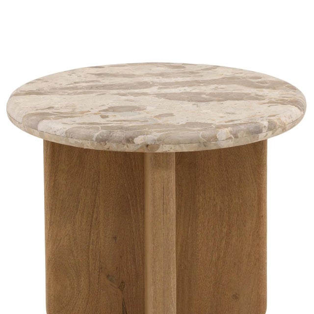 Contemporary Modern Beige Marble & Wood Round Side Table For Sale - Image 4 of 4