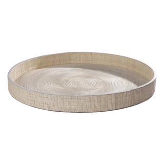 Reggio Naturale Fiber Raffia Round Serving Tray with Leather Trim For Sale