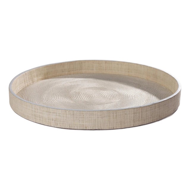 Reggio Naturale Fiber Raffia Round Serving Tray with Leather Trim For Sale