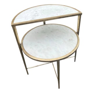 Modern Marble Top Two-Tier Accent Table With Brass Frame For Sale