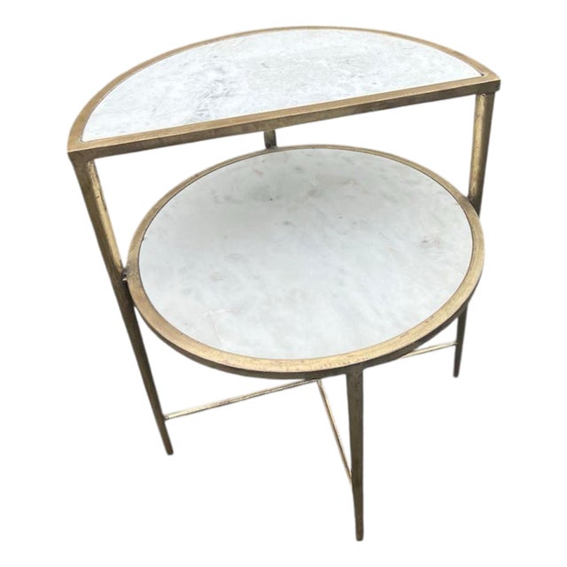 Modern Marble Top Two-Tier Accent Table With Brass Frame For Sale