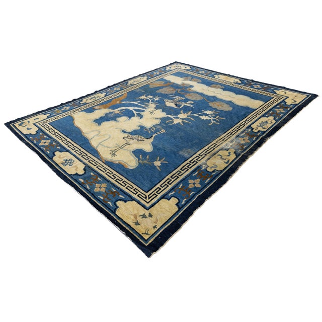 1920s Antique Chinese Peking Art Deco Wool Rug in Indigo Blue and Cream, Circa 1920s For Sale - Image 5 of 12