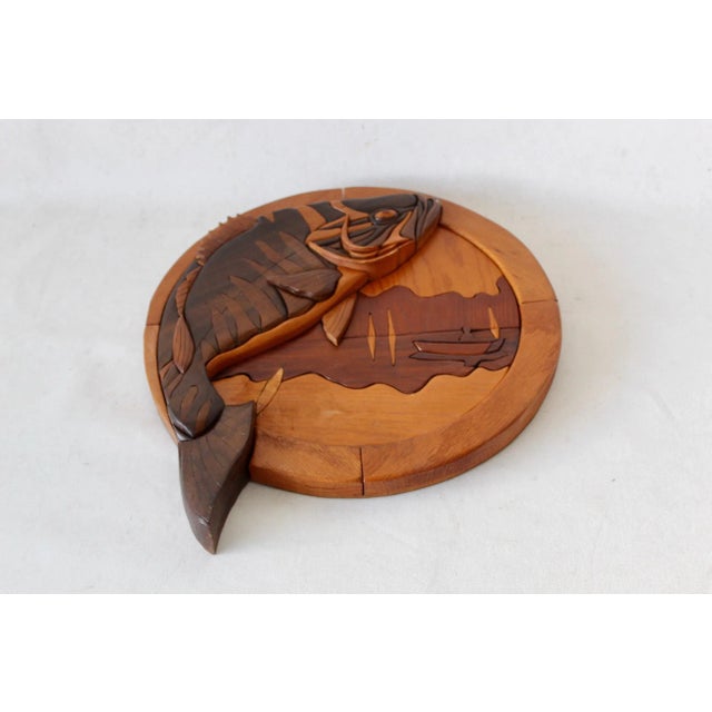 Contemporary Vintage Intarsia Wood Fish and Lake Scene Wall Art For Sale - Image 3 of 9