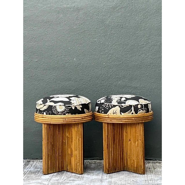 Vintage Schumacher Pencil Reed Upholstered Stools - Pair For Sale - Image 11 of 12